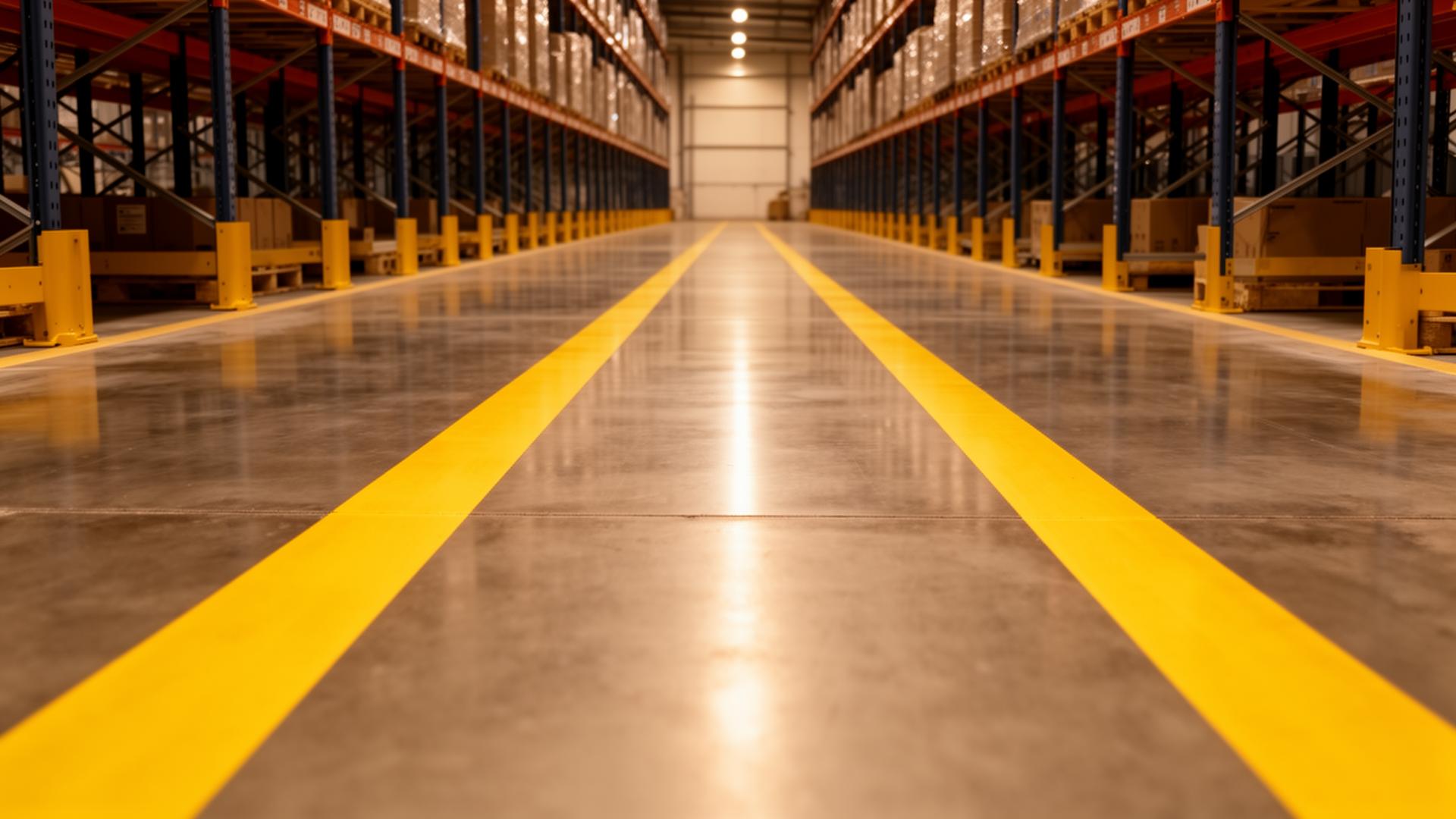 Warehouse aisle with fresh line markings